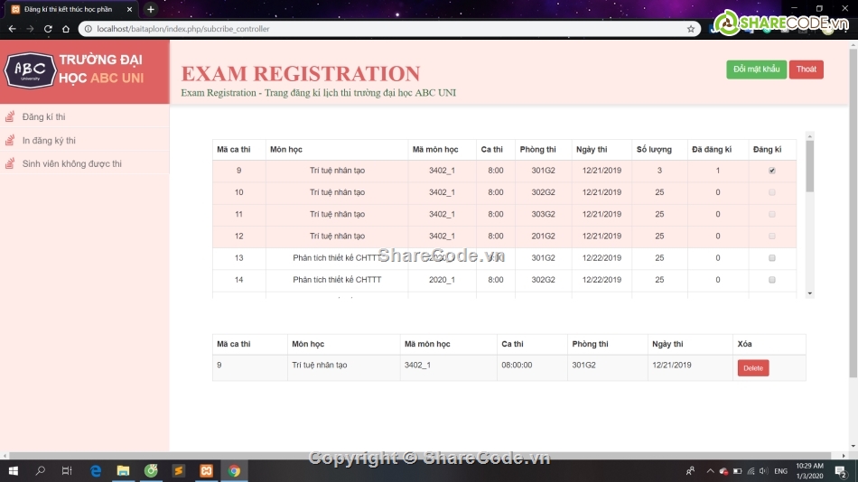 Source code web đăng ký học kỳ,Đăng ký thi học kỳ bootstrap,MVC Web quản lý,quản lý thi,quản lý kỳ thi